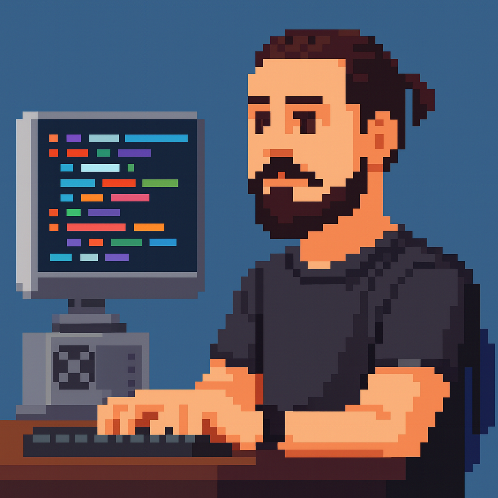 Une image en pixel art de Julien qui code sur un ordinateur
